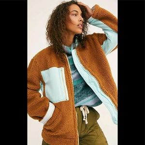 Free people rivington sherpa jacket coat oversized amber combo brown blue L